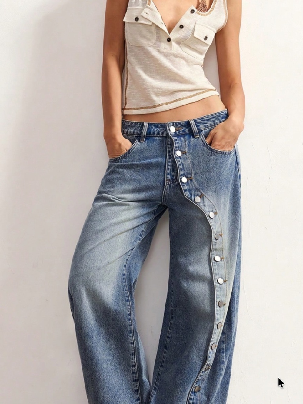 Medium wash Button Down Pockets Wide leg Denim Jeans Pants - Picture 6 of 7